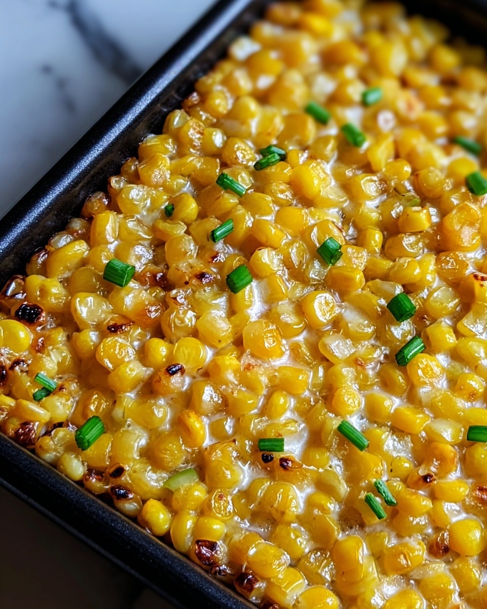A close-up view of a square black baking dish filled with cooked corn kernels topped with melted butter or cheese giving a glossy, golden-yellow shine. The kernels vary slightly in color with some browned and caramelized spots, adding texture. Small pieces of bright green chives are scattered on top, contrasting with the yellow corn. The edges of the dish show darker baked spots, emphasizing the cooked texture. The dish sits on a white marbled surface. photo taken with an iphone --ar 4:5 --v 7