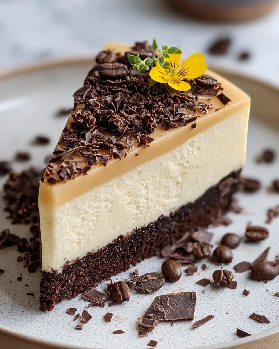 A slice of cake on a white plate with three visible layers: a dark brown crumbly base, a thick creamy off-white middle layer, and a smooth light caramel-colored top layer. The top layer is decorated with dark chocolate shavings and a small yellow flower. Around the plate, there are scattered pieces of shaved chocolate and a few coffee beans, all set on a white marbled surface. photo taken with an iphone --ar 4:5 --v 7