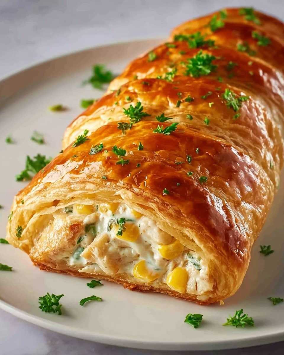 The image shows a close-up of a golden-brown braided pastry cut open to reveal its creamy filling inside. The pastry has three visible layers of flaky, shiny, and crisp crust with a glossy surface, decorated with small green herb pieces on top and around it. The filling inside has a creamy white sauce mixed with chunks of chicken and yellow corn kernels, creating creamy and smooth textures with soft and chunky contrasts. The pastry is placed on a white plate resting on a white marbled surface. photo taken with an iphone --ar 4:5 --v 7