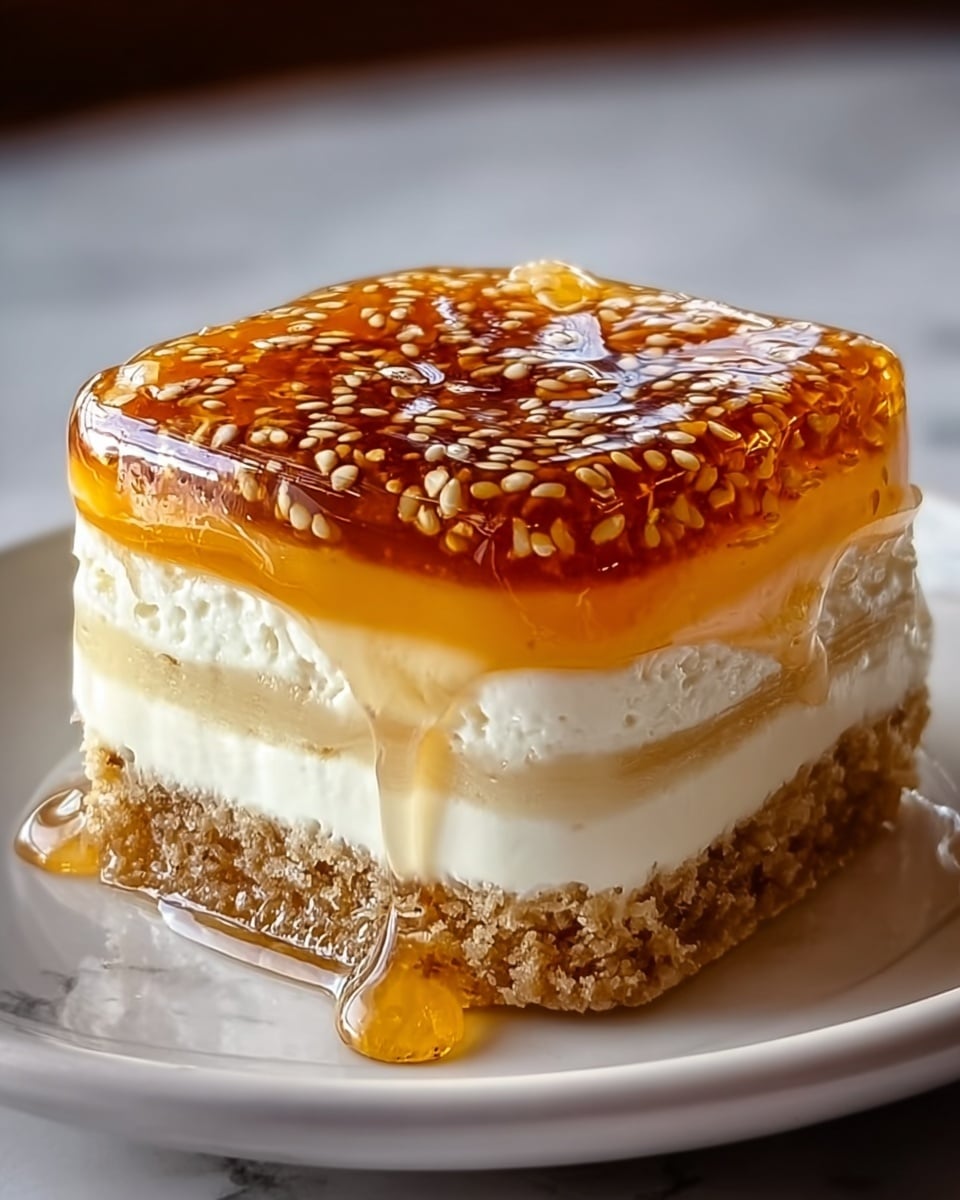 The image shows a square piece of dessert with four clear layers on a white plate, placed on a white marbled surface. The bottom layer looks like a soft, light brown cake with a coarse texture. Above it is a thick, smooth white cream layer. The third layer is thin and brown, likely caramel or syrup-soaked, giving it a slightly sticky look. The top layer is shiny amber caramel with small sesame seeds spread evenly, creating a glossy finish that drips slightly down the sides. Photo taken with an iphone --ar 4:5 --v 7