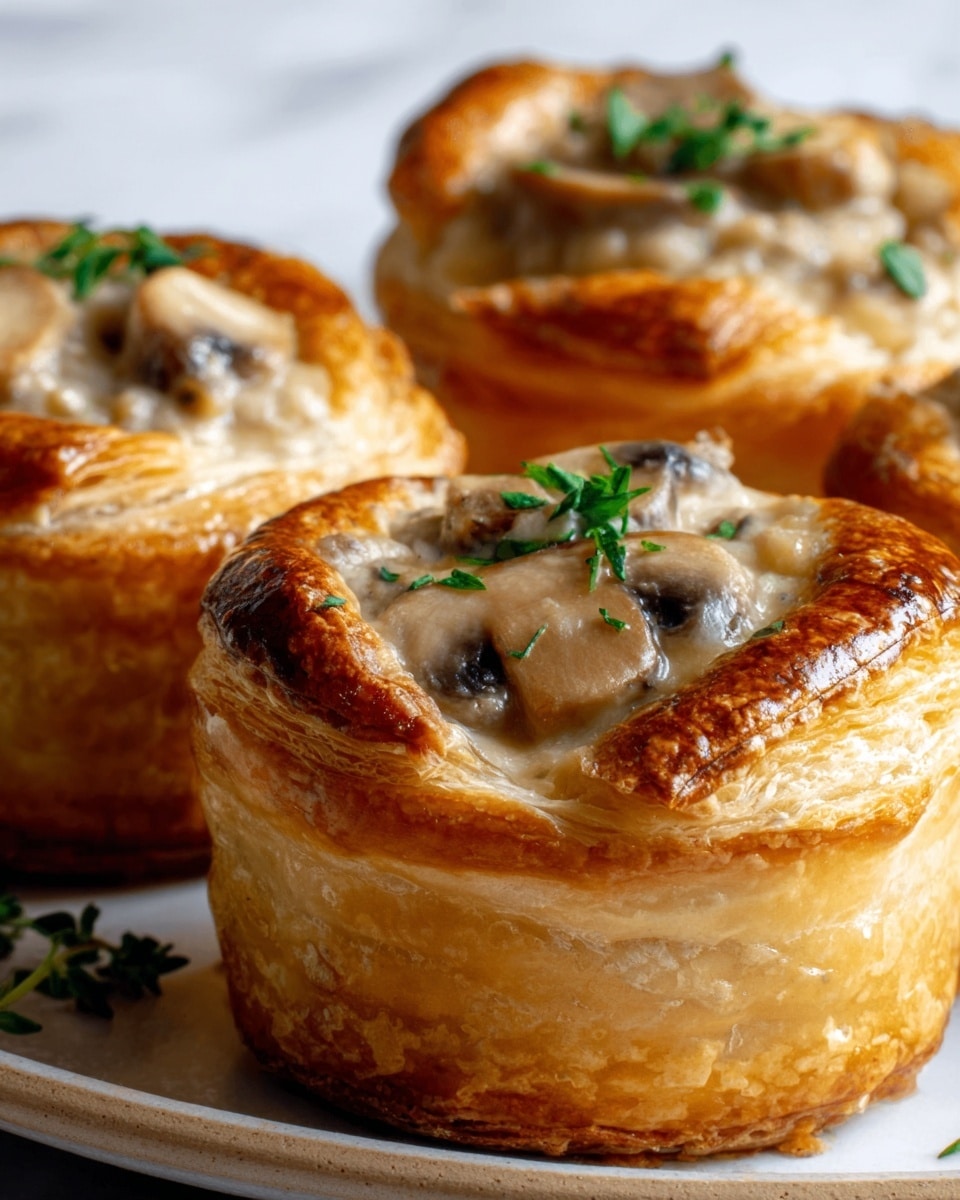 The image shows a close-up of two golden-brown puff pastry cups filled with creamy mushroom filling, with visible pieces of mushrooms inside. The pastry is flaky and shiny on top with a slightly crisp texture, and the filling looks smooth and thick with bits of herbs. The cups stand on a white plate placed on a white marbled surface, and there are some green herb sprigs around for decoration. The photo taken with an iphone --ar 4:5 --v 7
