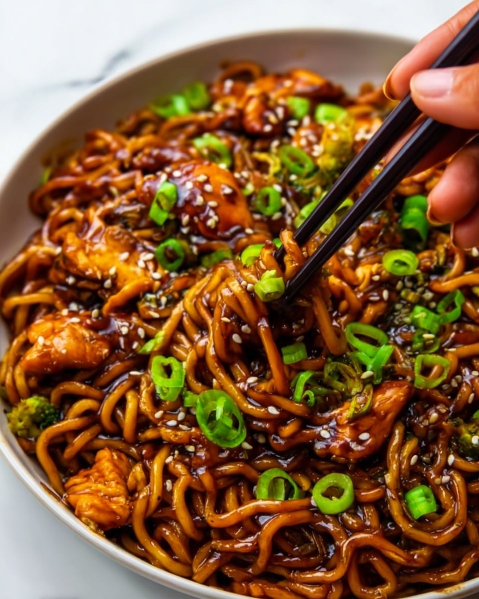 The image shows a close-up of a bowl filled with cooked noodles coated in a shiny dark brown sauce. Scattered on top are small green onion slices adding a pop of bright green color. Pieces of glazed cooked chicken, also covered in the dark sauce, are mixed within the noodles. White sesame seeds are sprinkled over the dish for texture. Black chopsticks held by a woman's hand are picking up a portion of the noodles. The bowl is white, and the background is a white marbled texture. photo taken with an iphone --ar 4:5 --v 7