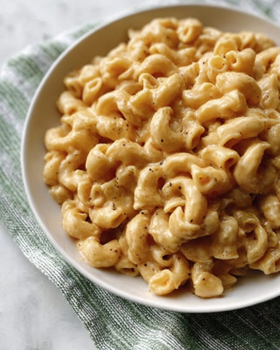 A close-up of a white bowl filled with creamy macaroni and cheese, showing small tube-shaped pasta covered in a smooth, light orange cheese sauce with a slightly grainy texture and some pepper specks. The bowl sits on a green and white patterned cloth, which contrasts with the white marbled surface beneath it. The macaroni is piled neatly inside the bowl, and the creamy sauce looks rich and thick, coating each piece evenly. photo taken with an iphone --ar 4:5 --v 7