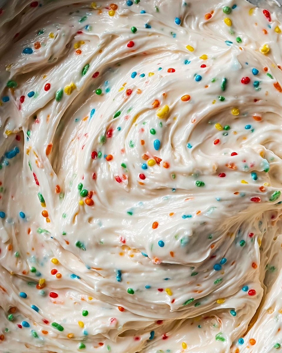 A close-up view of a thick, creamy mixture with a smooth, swirled texture, dotted generously with small, round colorful candy pieces in red, green, blue, yellow, and orange. The mixture has a pale beige color with a slightly glossy finish, showing soft peaks and folds that give it a rich and fluffy look, all contained in a white bowl. The photo is taken on a white marbled surface. Photo taken with an iphone --ar 4:5 --v 7