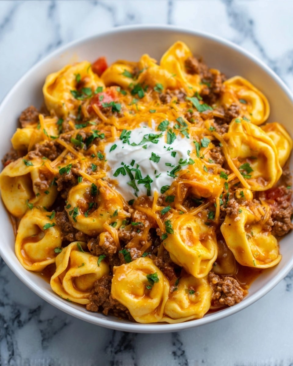 A white bowl filled with creamy tortellini pasta mixed with browned ground beef, creating a textured base layer. The tortellini are pale yellow and soft, coated in a rich, slightly thick sauce. On top, there is a bright, shredded cheddar cheese layer that melts over the pasta and meat, with hints of orange and white cheese strands. At the center, a dollop of smooth white sour cream adds contrast, garnished with small bits of chopped green herbs. The bowl sits on a white marbled surface. photo taken with an iphone --ar 4:5 --v 7