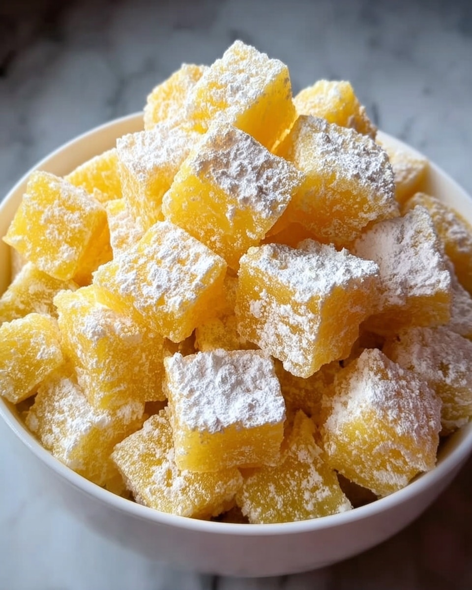 A white bowl filled with many small, square yellow pieces of soft dough or pastry, each piece dusted generously with white powdered sugar, creating a light, powdery layer on top. The pieces are piled evenly inside the bowl, showing a soft, slightly rough texture with some indentations on the top surfaces. The bowl is placed on a white marbled surface, and a woman's hand is holding the bowl from the side. photo taken with an iphone --ar 4:5 --v 7