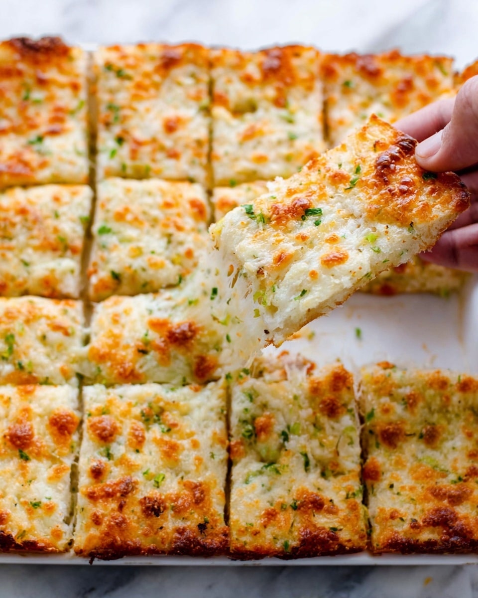 The image shows a white plate with several square pieces of cheesy flatbread topped with melted cheese that is golden and slightly browned in spots. Each piece has a thin crust that is light golden with some browning on the edges. The cheese looks creamy and bubbly, stretching slightly as a woman's hand lifts one piece upwards from the plate. There are small bits of green herbs sprinkled on top, adding a touch of color to the otherwise warm, creamy yellow and golden tones of the flatbread. The plate sits on a white marbled texture surface. photo taken with an iphone --ar 4:5 --v 7