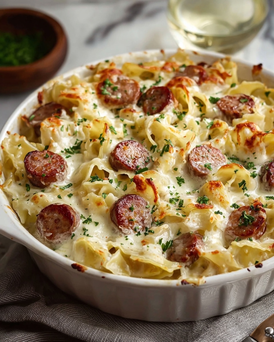 The image shows a white dish filled with a creamy baked pasta and sausage casserole. The first layer consists of wide pasta shells coated in a thick white sauce with a smooth texture. Scattered on top are slices of browned, lightly crispy sausage, adding a dark reddish-brown contrast to the creamy pasta. There are specks of green parsley sprinkled across the top, giving a fresh color pop. The cheesy sauce has golden browned spots, indicating it was baked until bubbly. The dish sits on a textured gray cloth atop a white marbled surface, with a small blurred bowl of green herbs in the background. photo taken with an iphone --ar 4:5 --v 7