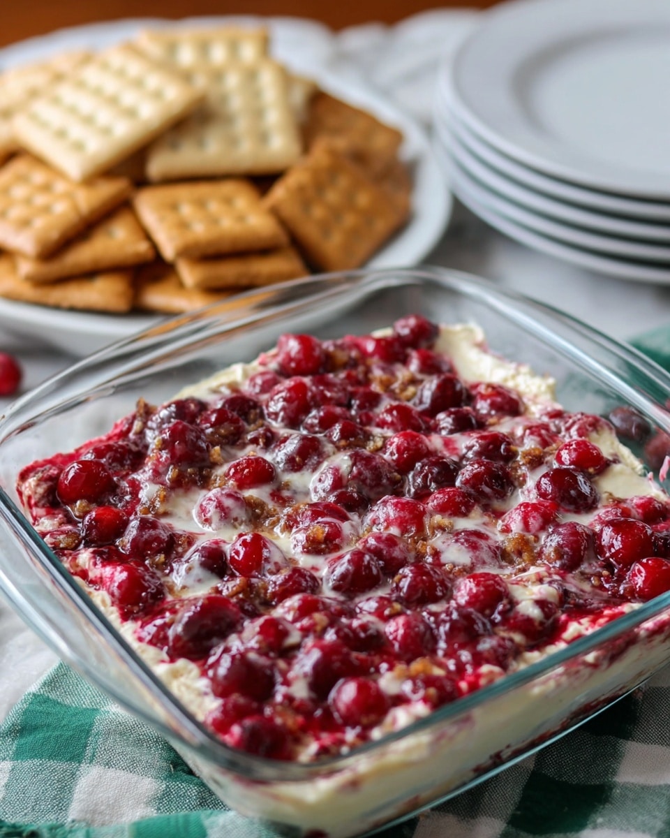 The image shows a clear glass baking dish filled with a creamy, melted cheese layer topped with bright red cranberries spread unevenly across the surface, some slightly sunken into the cheese. Behind the dish, there is a white plate piled with two types of crackers: darker brown pretzel-style crackers on one side and light tan square crackers on the other. The scene is set on a white marbled textured surface, with a stack of white plates on the left edge and a folded green and white checkered cloth in the background. Photo taken with an iphone --ar 4:5 --v 7