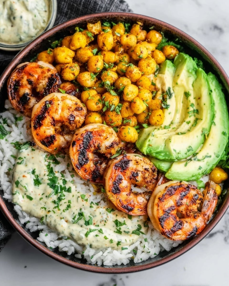 A white bowl filled with a colorful shrimp bowl, featuring three main layers: grilled shrimp on top with a shiny, slightly charred texture and orange color, a layer of bright yellow grilled corn scattered around, and a smooth, vibrant green avocado sliced neatly on one side. There is a creamy white sauce with green herb bits placed next to the avocado. The bowl rests on a white marbled surface, and a woman's hand is holding a black fork above the shrimp, ready to take a bite. photo taken with an iphone --ar 4:5 --v 7