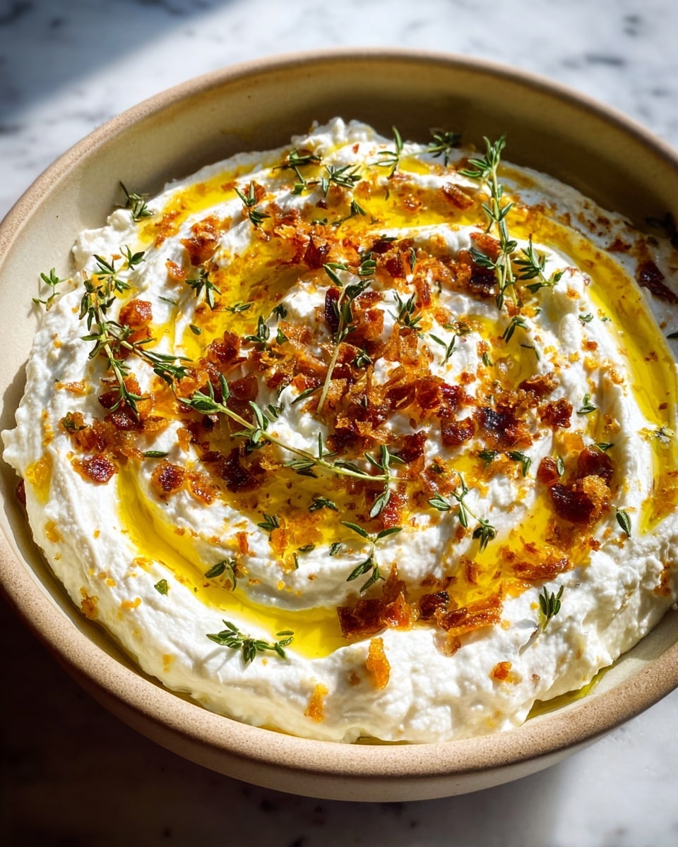 A shallow bowl filled with a creamy white whipped cheese base that has a soft, fluffy texture, forming a single thick layer. On top, a golden layer of olive oil is drizzled generously, pooling in a swirl pattern at the center. Scattered evenly over the oil are small, toasted brown garlic pieces and red chili flakes, adding texture and spots of warm color. Fresh green thyme sprigs are placed randomly across the surface, giving a fresh contrast. The bowl sits on a white marbled surface with soft natural light highlighting the textures and colors. Photo taken with an iphone --ar 4:5 --v 7