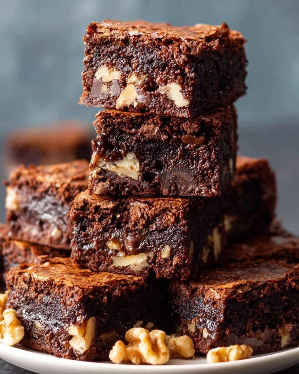 A stack of five thick, chewy brownies with a rich, dark chocolate color and visible chunks of walnuts spread throughout each piece. The brownies have a slightly shiny, crackly top layer with a fudgy texture inside. Some walnut pieces are scattered around the base on a simple white plate, all set on a white marbled surface. photo taken with an iphone --ar 4:5 --v 7
