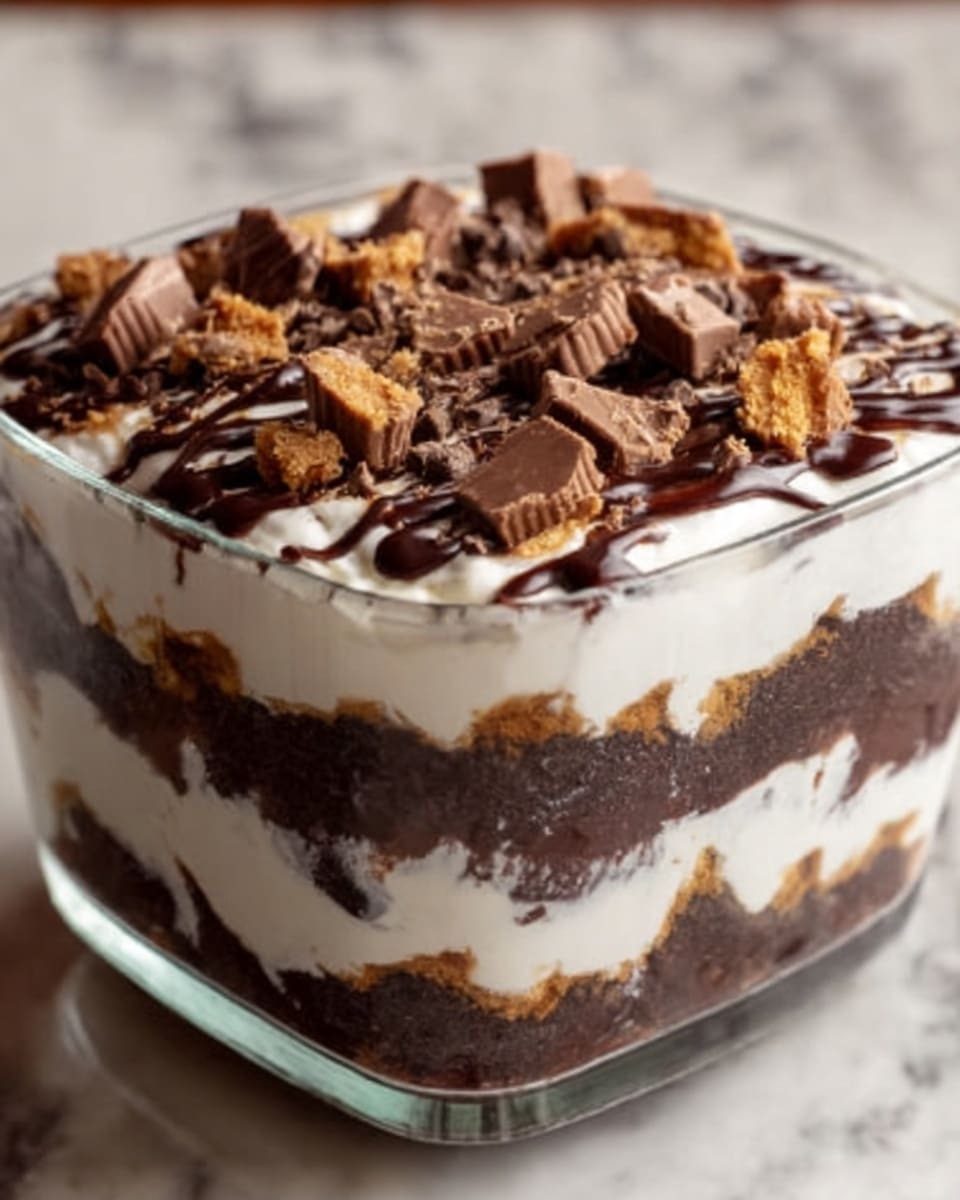The dessert is presented in a clear square glass container showing four visible layers. The bottom layer is a dark, moist chocolate cake with a rough texture. Above it is a thick white cream layer, smooth and fluffy. Next, there is another dark chocolate cake layer similar to the bottom one, followed by a third white cream layer on top. The dessert is decorated with a drizzle of chocolate sauce and topped with large pieces of broken peanut butter cups, giving a mix of smooth and chunky textures. Photo taken with an iphone --ar 4:5 --v 7