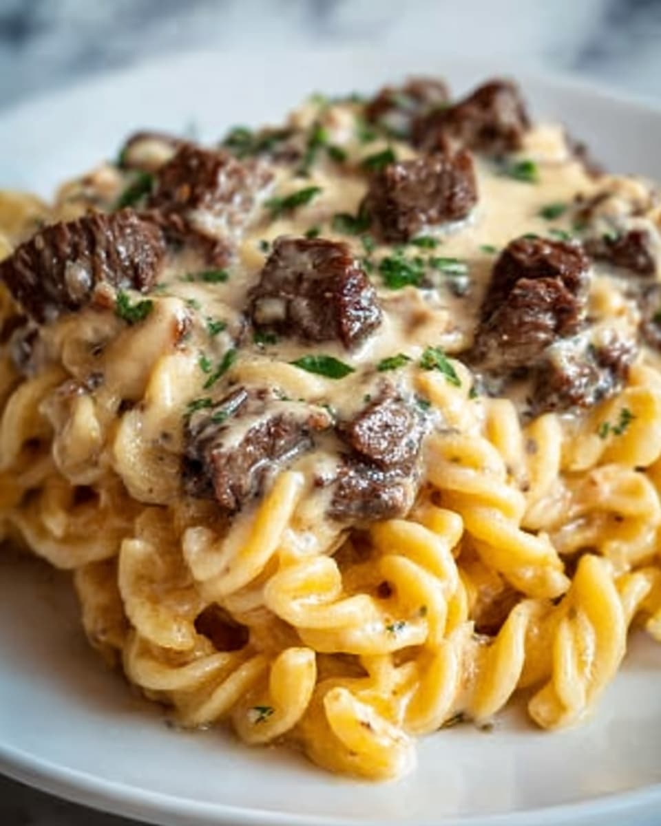 A close-up image of a pasta dish with three layers visible: the bottom layer is yellowish twisted pasta with a slightly glossy texture, the middle layer consists of small chunks of dark brown cooked beef scattered evenly, and the top layer is creamy beige cheese sauce with small bits of green herbs sprinkled across. The dish is served on a white plate, placed on a white marbled surface. The image shows a warm and inviting meal with rich colors and a textured appearance. Photo taken with an iphone --ar 4:5 --v 7