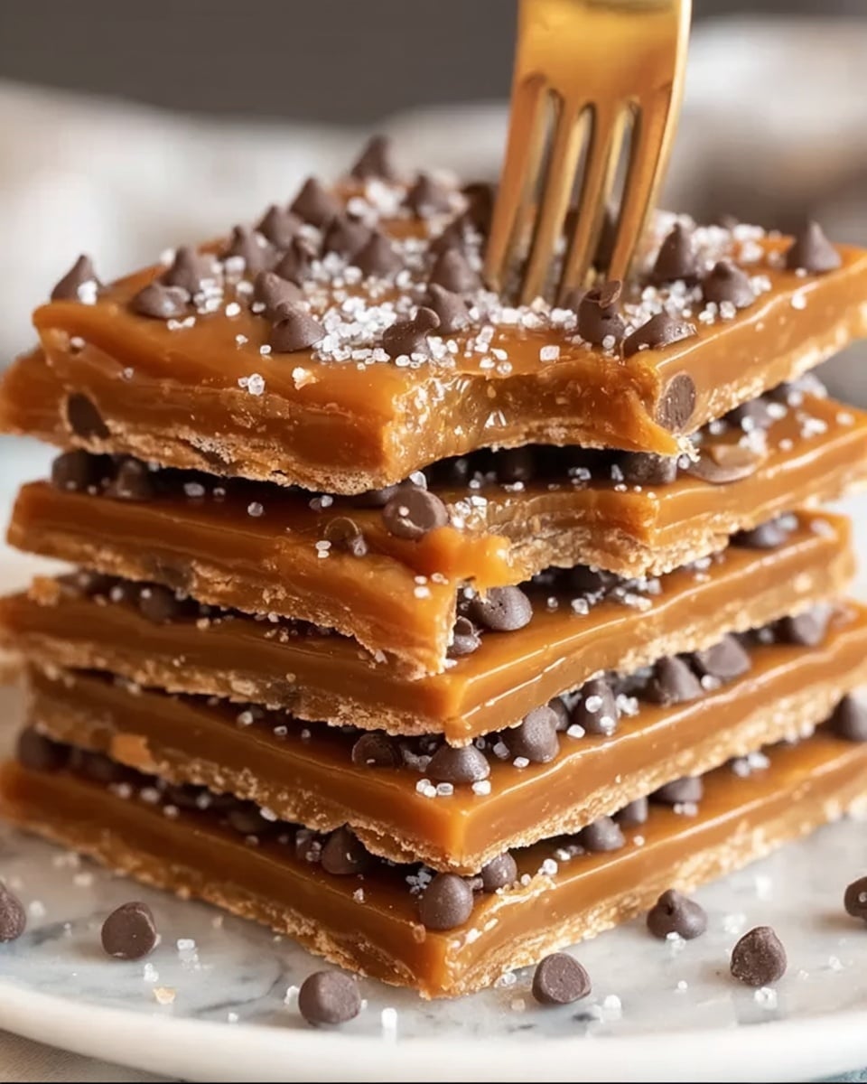 The image shows a stack of four thin layers of caramel-colored toffee with a crunchy texture, each separated by a layer of dark chocolate and small crispy bits mixed in. The top layer is covered with smooth caramel toffee and sprinkled generously with small chocolate chips and coarse salt crystals. A silver fork is pressing gently into the top layer, held by a woman's hand. The stack sits on a white plate placed on a white marbled surface. photo taken with an iphone --ar 4:5 --v 7