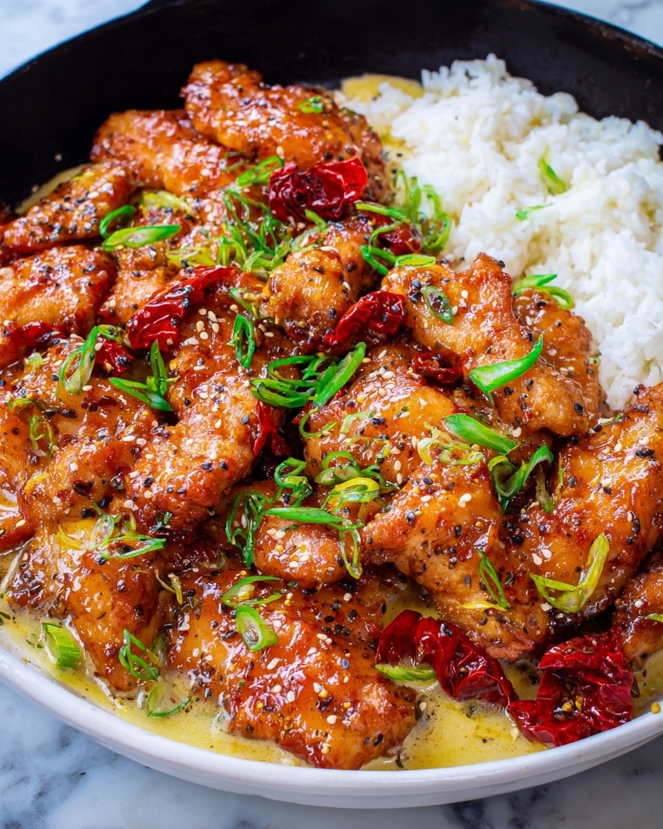 A close-up of a bowl filled with white rice on one side and glazed, deep reddish-brown, crispy fried chicken pieces on the other side. The chicken is coated in a shiny, thick sauce, giving it a rich, sticky texture. Bright green, diagonal sliced scallions are scattered on top of the chicken, adding a fresh contrast. The bowl is white with a speckled dark pattern on the inside, resting on a white marbled surface. photo taken with an iphone --ar 4:5 --v 7