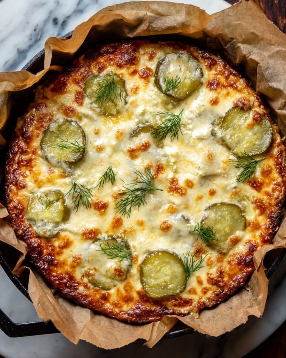 A round baked dish in a white cast iron pan lined with brown parchment paper featuring a single thick layer of golden melted cheese on top, with noticeable browned spots, scattered with six round, green pickle slices each garnished with small sprigs of fresh dill. The cheese layer is bubbly and slightly uneven, covering the entire surface, and the edges of the dish show some crispy browned cheese. The pan is placed on a white marbled textured surface. photo taken with an iphone --ar 4:5 --v 7
