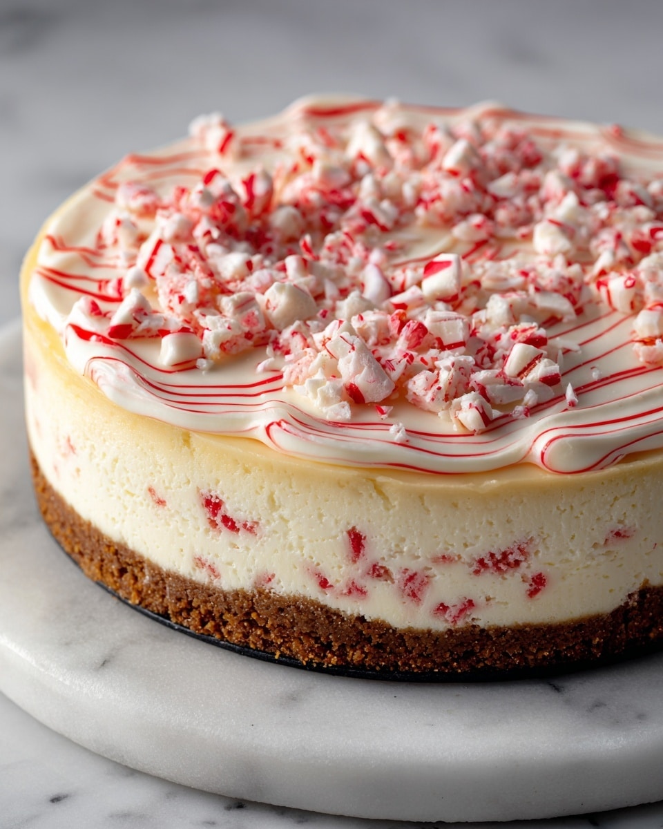 The image shows a round cheesecake with three layers on a white marbled surface. The bottom layer is a thick, crumbly, light brown crust. The middle layer is a thick, creamy, pale yellow cheesecake filling. The top layer is a smooth, white cream with delicate pink swirls and is sprinkled with small, crushed pieces of red and white peppermint. The cheesecake has an even, smooth edge, and the bright topping contrasts with the soft cheesecake layer below. Photo taken with an iphone --ar 4:5 --v 7