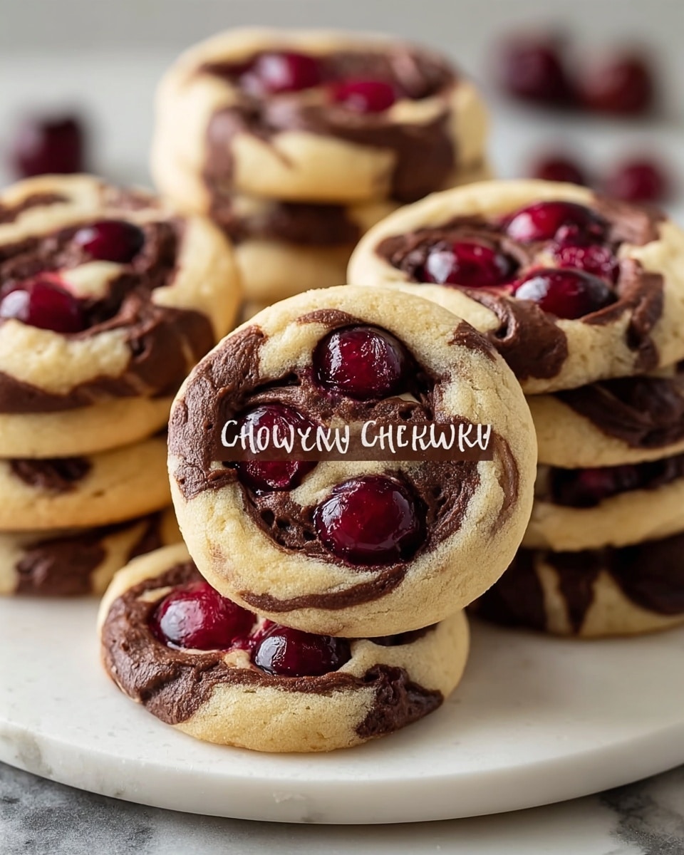 The image shows a white plate filled with soft, round cookies. Each cookie has a light golden beige base that looks soft and thick. On top, there are dark red cherries and rich dark brown chocolate swirls and chips, creating a colorful mix of smooth and shiny textures. The cherries are slightly sunken into the cookie dough, and the chocolate appears glossy and melted in places, adding a rich contrast. The cookies are stacked with the top one clearly in focus and more cookies blurred in the background, all placed on a white marbled surface. photo taken with an iphone --ar 4:5 --v 7