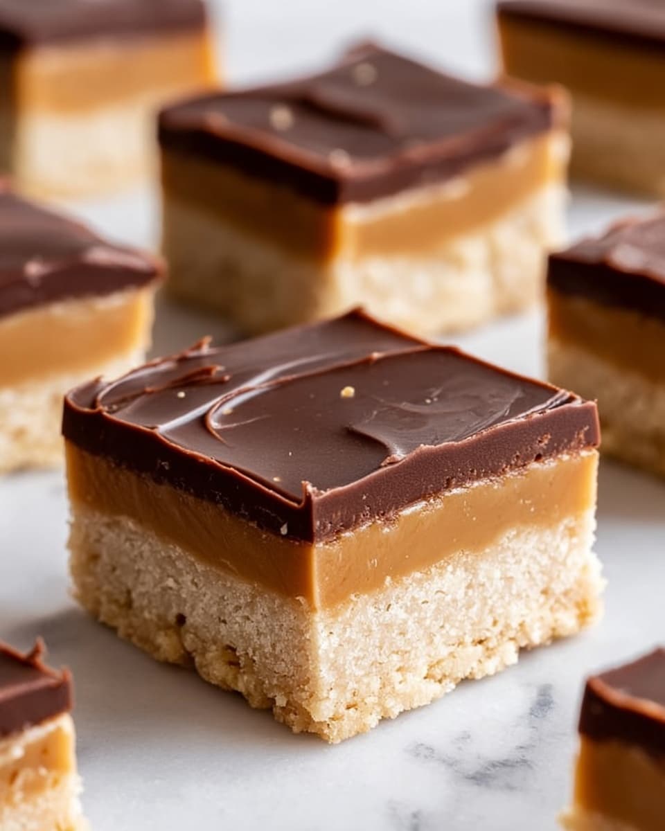 The image shows a close-up of a square dessert with three clear layers on a white marbled surface. The bottom layer is a light tan, soft-looking crust with a slightly crumbly texture. The middle layer is a thick, smooth, golden caramel filling with a few small chunks visible inside. The top layer is a shiny, dark chocolate glaze that looks firm and smooth, with two soft ridges on the surface. In the background, several similar squares are slightly out of focus, and there are small chocolate flecks scattered around the desserts. photo taken with an iphone --ar 4:5 --v 7