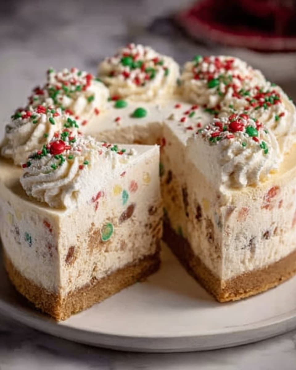 This image shows a layered cake with one slice cut out, placed on a white plate on a white marbled surface. The cake has three visible layers: a light brown bottom crust, a thick creamy white middle layer with colorful bits of candy mixed inside, and a thick white frosting top layer. The frosting is swirled and decorated with red and green sprinkles. The overall texture of the frosting looks smooth and creamy with soft peaks. Photo taken with an iphone --ar 4:5 --v 7