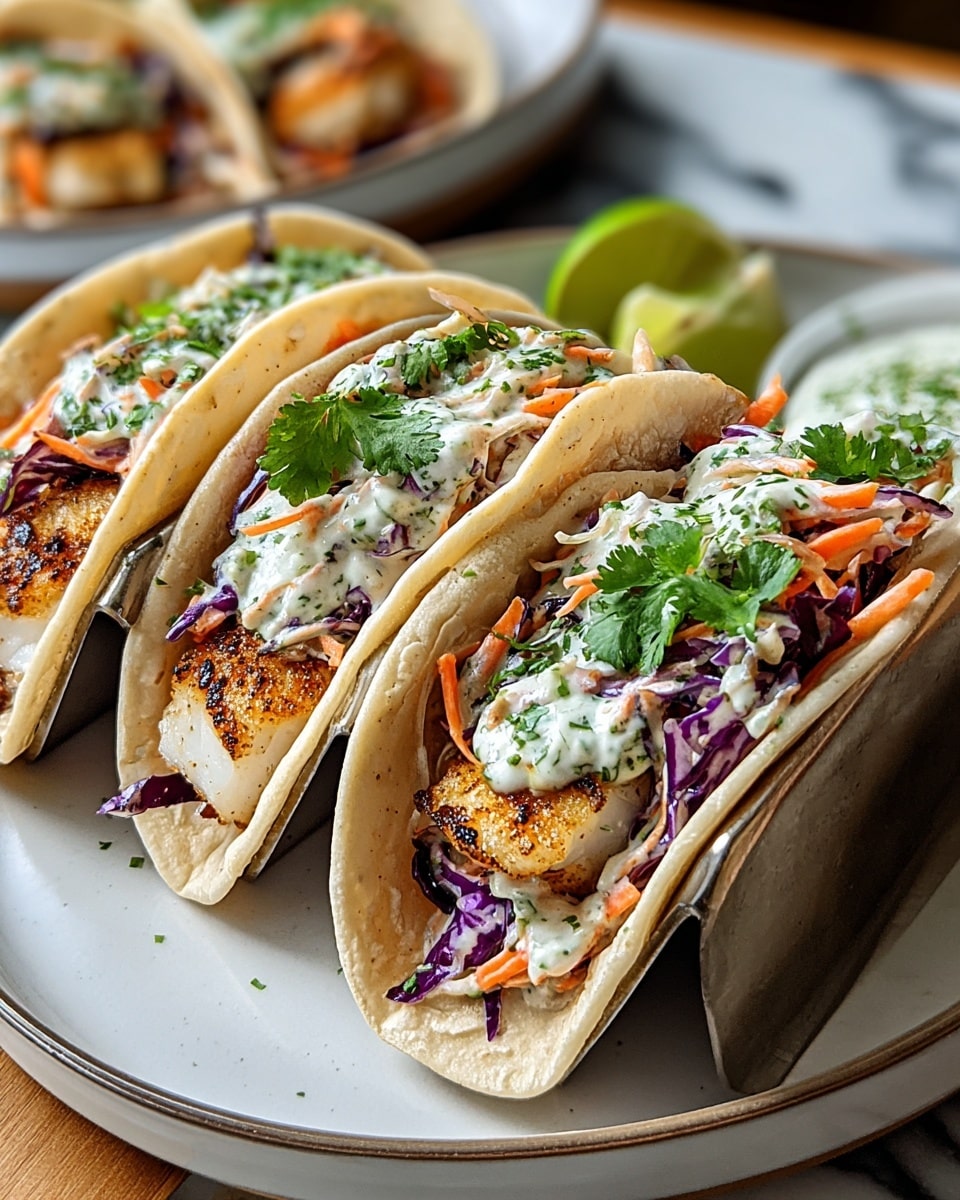 Three soft corn tortillas are laid side by side on a white oval plate, each filled with a golden-brown crispy fried fish piece as the bottom layer. Above the fish, there is a mix of shredded purple cabbage and thin carrot strips, providing a colorful veggie layer. On top of the vegetables, there is a creamy white sauce with green herbs, along with fresh cilantro leaves scattered for garnish. In the background, blurred parts of more tacos on a white plate and lime wedges are visible. The setting is on a wooden table with a white marbled texture visible at the edge. photo taken with an iphone --ar 4:5 --v 7