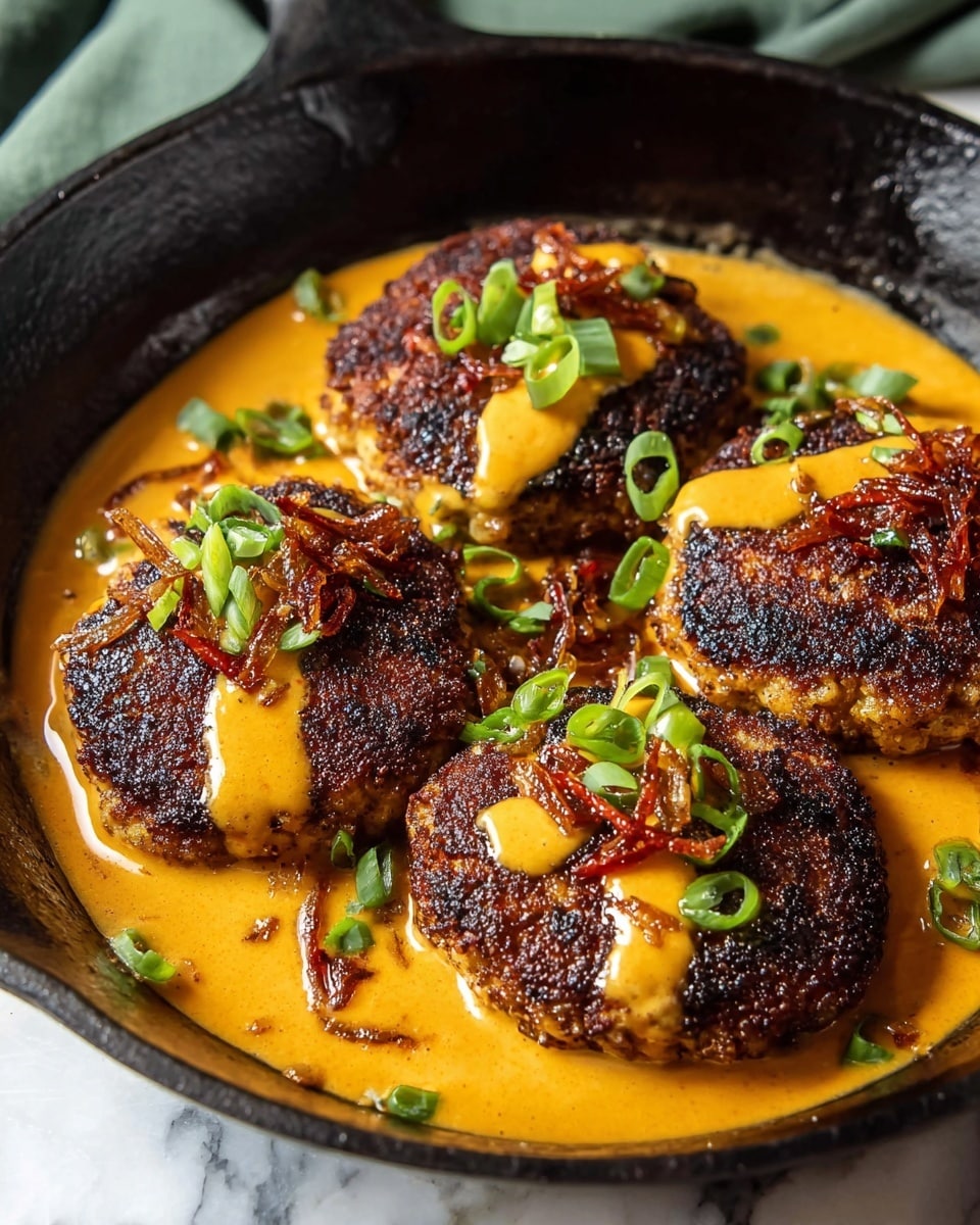 Four dark brown, crispy patties sit in a black pan filled with a thick orange sauce. Each patty is topped with bright green chopped spring onions and thin strands of reddish-brown fried onions. The sauce is smooth and creamy, pooling around the patties and adding a glossy shine. The edges of the pan are slightly worn, and there is a white marbled texture visible in the soft-focus background. The image captures rich textures and warm colors, giving a sense of a hearty, flavorful dish. photo taken with an iphone --ar 4:5 --v 7