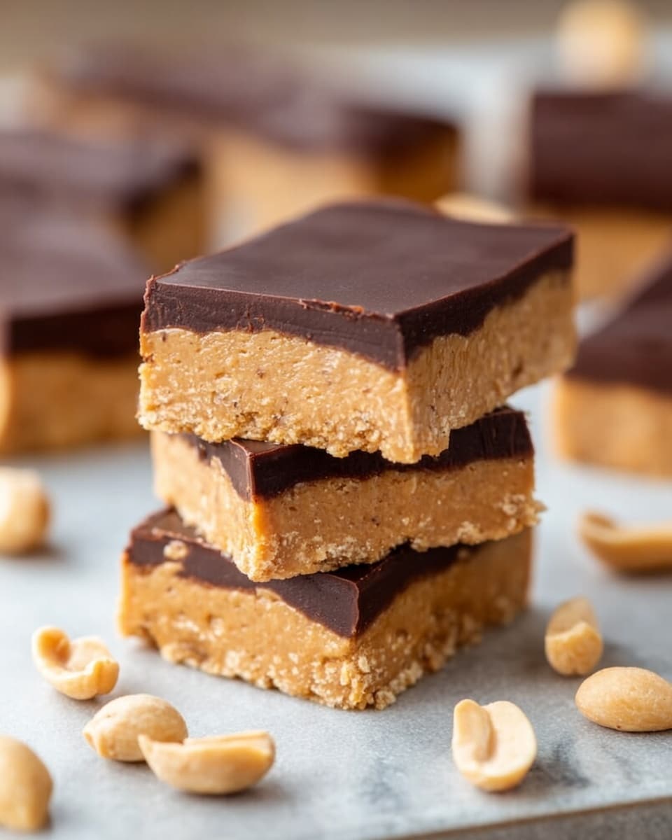 The image shows a close-up of four stacked dessert bars on a shiny metal surface with some scattered peanut halves nearby. Each bar has two clear layers: a bottom thick layer that looks creamy and light brown with a smooth texture, and a thin, smooth, dark chocolate layer on top. The stack is centered and sharp, while blurred bars are seen in the background, all resting on a white marbled surface. photo taken with an iphone --ar 4:5 --v 7