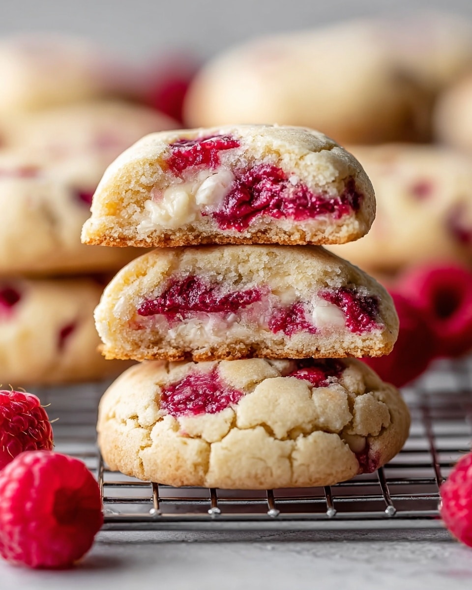 The image shows a stack of three soft, round cookies with golden-brown edges and a light, crumbly texture. The bottom cookie has bright red raspberries embedded in the dough, and the top two cookies are broken in half, revealing two inside layers: a creamy white filling on the bottom and a vibrant, juicy red raspberry layer on top. The cookies rest on a black cooling rack with a few fresh raspberries scattered around on a white marbled texture background, creating a fresh and inviting look. photo taken with an iphone --ar 4:5 --v 7