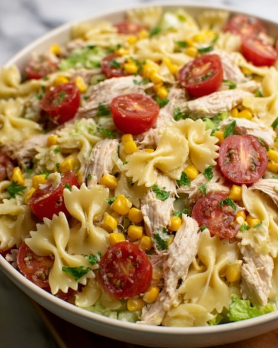 A close-up view of a white plate filled with five layers of pasta salad. The bottom layer is farfalle pasta, light yellow with a smooth texture, evenly spread across the plate. Above the pasta, there are pieces of white shredded chicken scattered throughout. The next layer has small yellow corn kernels and finely chopped light green celery mixed in. Slices of red cherry tomatoes cut in halves are spread on top, adding bright color. Finally, small green herbs are sprinkled over everything, giving a fresh finish. The plate sits on a white marbled surface. Photo taken with an iphone --ar 4:5 --v 7