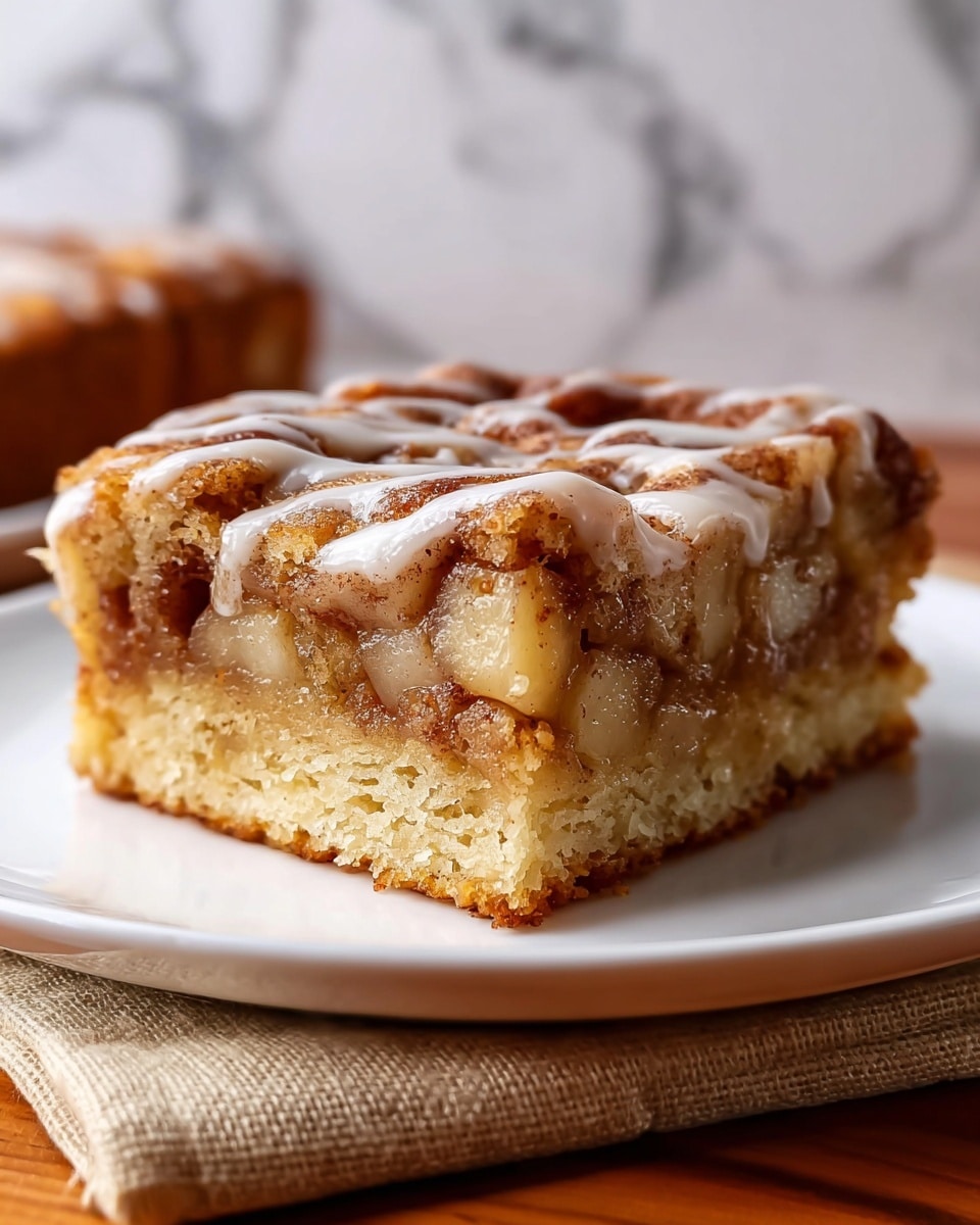 A square piece of cinnamon roll cake sits on a white plate, showing three visible layers: a soft, light golden brown cake base, a thick middle layer of gooey cinnamon swirls with darker brown specks, and a glossy white icing drizzled unevenly on top. The texture looks soft and moist, with the icing slightly melting into the cinnamon layer. The plate rests on a wooden surface with a gray cloth underneath, and a blurred red baking dish is visible in the background on a white marbled texture. Photo taken with an iphone --ar 4:5 --v 7