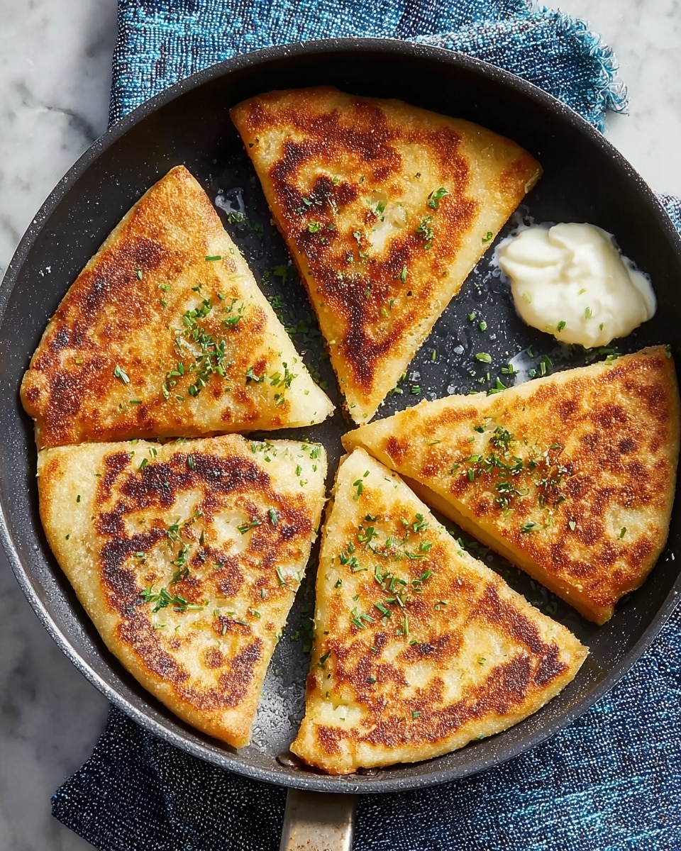 Five golden brown, triangular browned flatbread pieces arranged in a circle inside a black frying pan. Each flatbread piece has a crispy texture with some darker toasted spots and small green herb sprinkles on top. There is a small dollop of melting white butter or cream close to the flatbreads inside the pan. The pan is placed on a blue and white textured cloth over a white marbled surface. photo taken with an iphone --ar 4:5 --v 7
