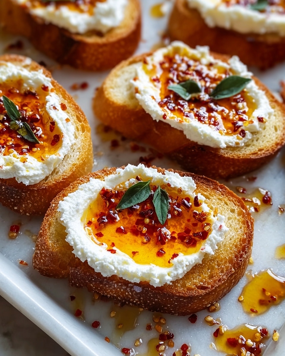 The image shows several slices of toasted bread, each with three visible layers. The bottom layer is a golden-brown toasted bread with a crisp edge and soft interior. The middle layer is a thick, creamy white spread smoothly covering the top of the bread. The top layer is a shiny, amber-colored drizzle with visible red chili flakes and small green basil leaves placed on the creamy spread. The toasts are placed closely together on a white marbled surface with a few drops of the amber drizzle scattered around. Photo taken with an iphone --ar 4:5 --v 7