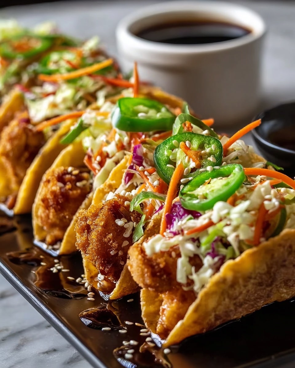 A row of crunchy golden fried tacos is lined up on a black platter, each taco filled with crispy brown fried chicken pieces at the bottom. On top of the chicken, there is a colorful mix of shredded white and purple cabbage and thin orange carrot strips. Thin green slices of jalapeno peppers are scattered over the vegetables, along with white sesame seeds and a drizzle of shiny dark brown sauce that pools on the platter underneath the tacos. In the background, there is a small white cup filled with dark dipping sauce, all set against a soft-focused white marbled surface. photo taken with an iphone --ar 4:5 --v 7