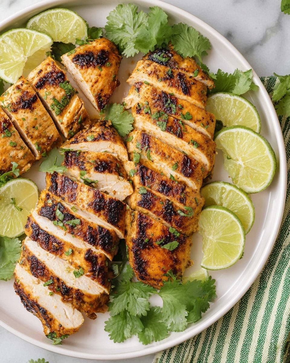 A white plate holds a grilled chicken breast that is partially sliced into about six pieces, showing juicy, white inside and a slightly charred, golden-brown outside with grill marks. Around the chicken, there are bright green cilantro leaves and three lime wedges positioned near the chicken, adding fresh green and yellow colors. The surface under the plate has a white marbled texture with a striped green and white cloth barely visible in the corner. Photo taken with an iphone --ar 4:5 --v 7