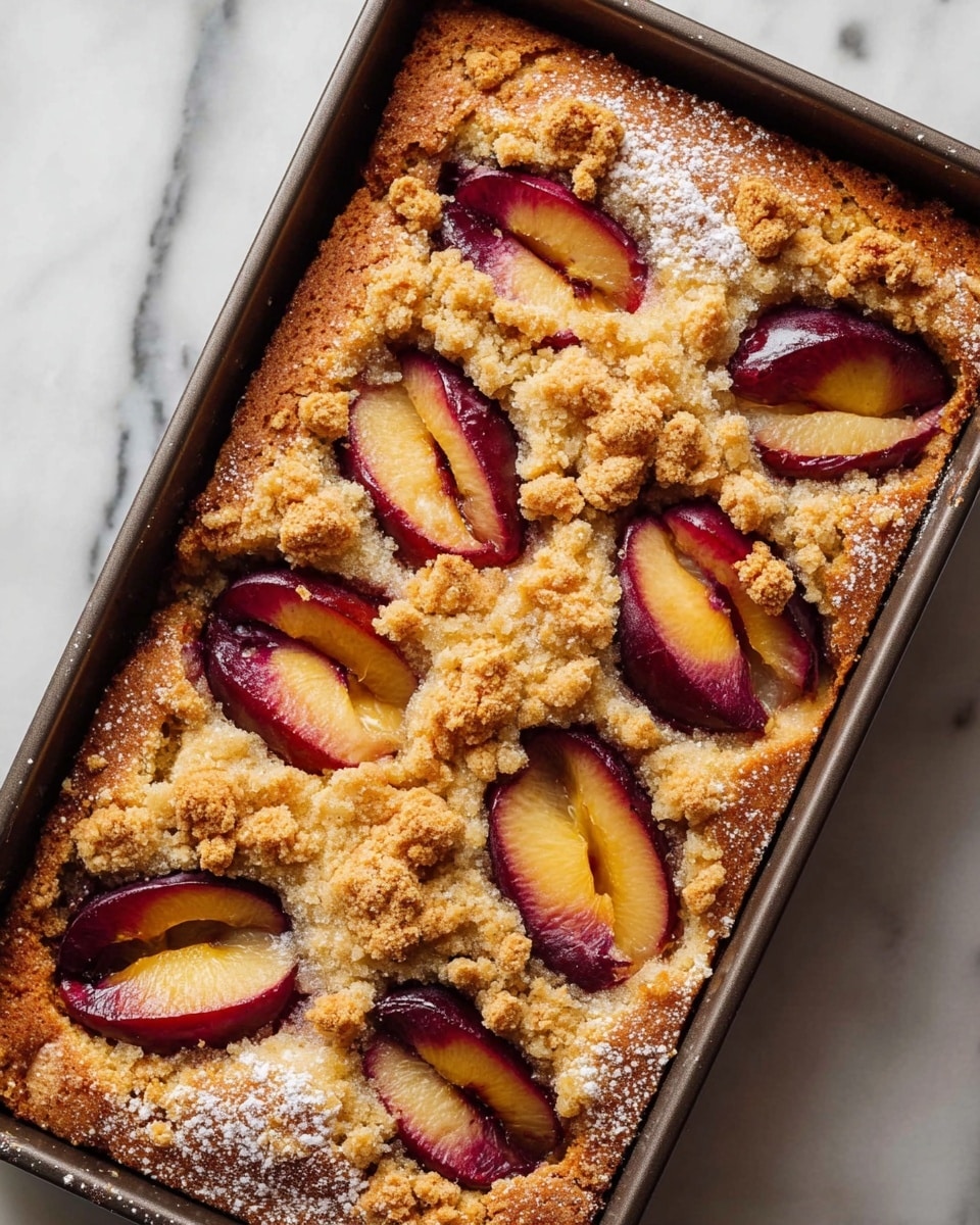 A close-up view of a baked plum cake in a rectangular dark baking pan, showing one layer of golden brown cake with a soft texture, topped with halved plums that have deep red and yellow flesh, their smooth skin contrasting with the cake. The plums are partly sunken into the cake. Scattered golden crumb topping pieces are unevenly spread between the plum halves, dusted lightly with white powdered sugar. The pan rests on a white marbled surface. Photo taken with an iphone --ar 4:5 --v 7