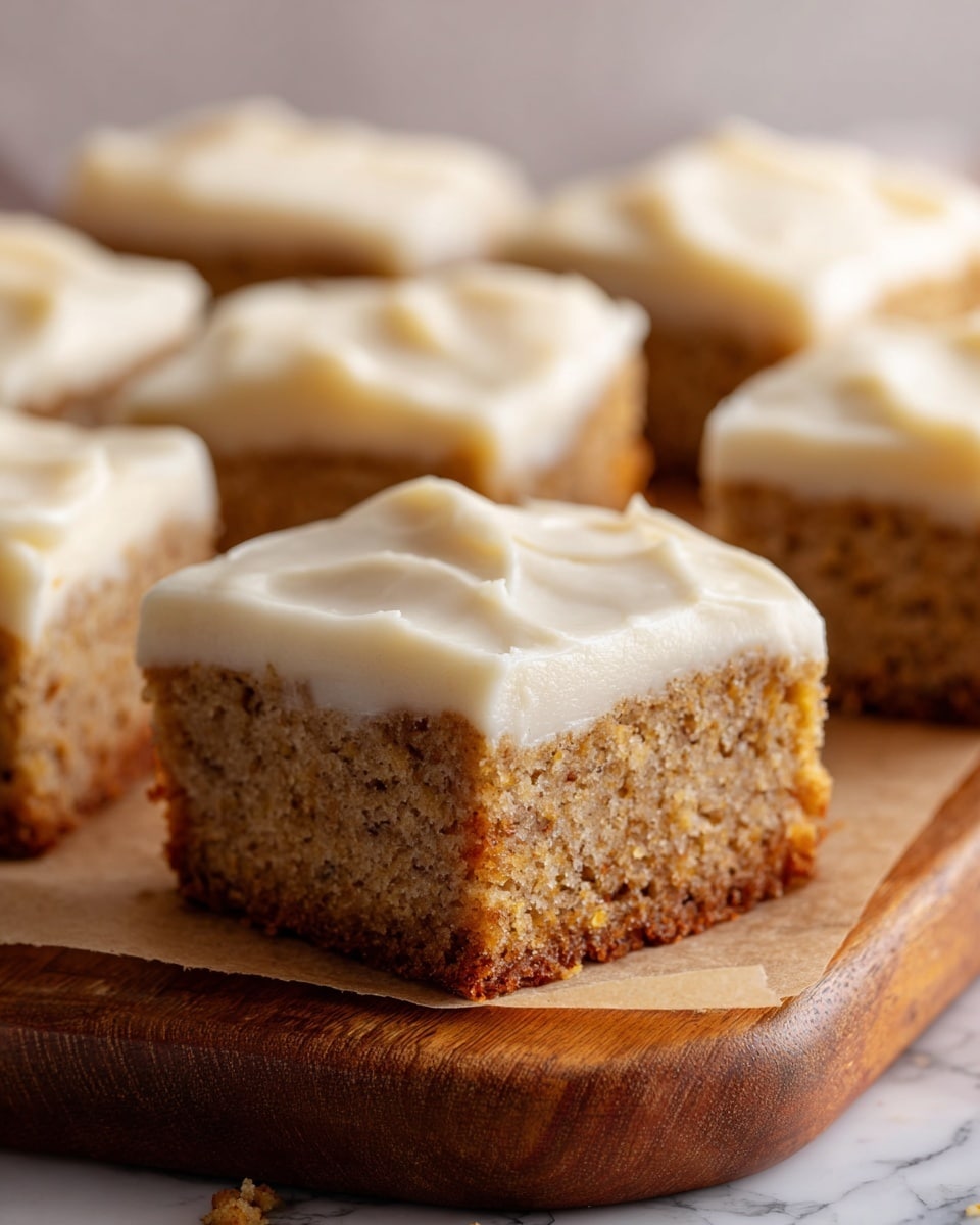 A close-up view of five square pieces of banana cake with cream-colored frosting on top, each piece showing a thick bottom layer of moist cake with visible bits of banana and nuts inside, and a thick smooth frosting layer resting evenly on top. The cake is placed on white parchment paper over a wooden board, with a soft light illuminating the texture of the cake and frosting, set against a white marbled surface background. photo taken with an iphone --ar 4:5 --v 7