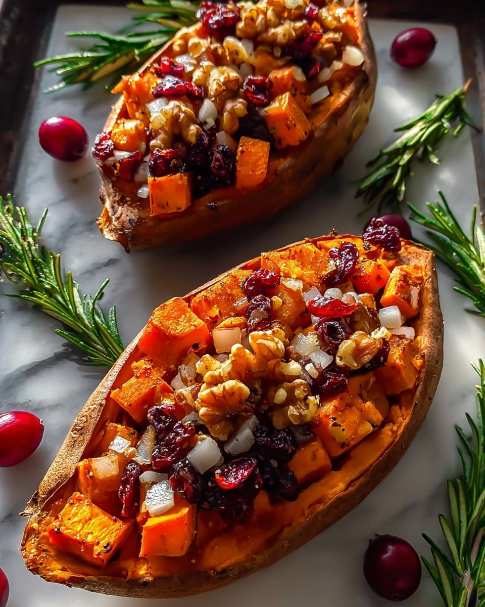 Two roasted sweet potato halves serve as the base, their orange flesh soft and slightly mashed, with skin still intact, both placed on a white marbled surface. The top layer contains chunks of roasted sweet potato with a golden-brown edge, mixed with dark red cranberries and small walnut pieces scattered evenly. Small white diced bits, possibly onions or garlic, are spread lightly throughout the topping. Fresh green rosemary sprigs lay around the sweet potatoes, and some whole cranberries rest on the surface nearby, adding a pop of color. The image is close-up with warm light highlighting the textures and colors, photo taken with an iphone --ar 4:5 --v 7