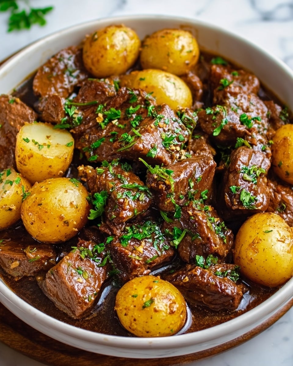 A brown bowl filled with chunks of dark brown cooked beef and small yellow potatoes cut in halves, all covered with a glossy sauce and sprinkled with chopped green herbs on top, sitting on a white marbled surface. photo taken with an iphone --ar 4:5 --v 7