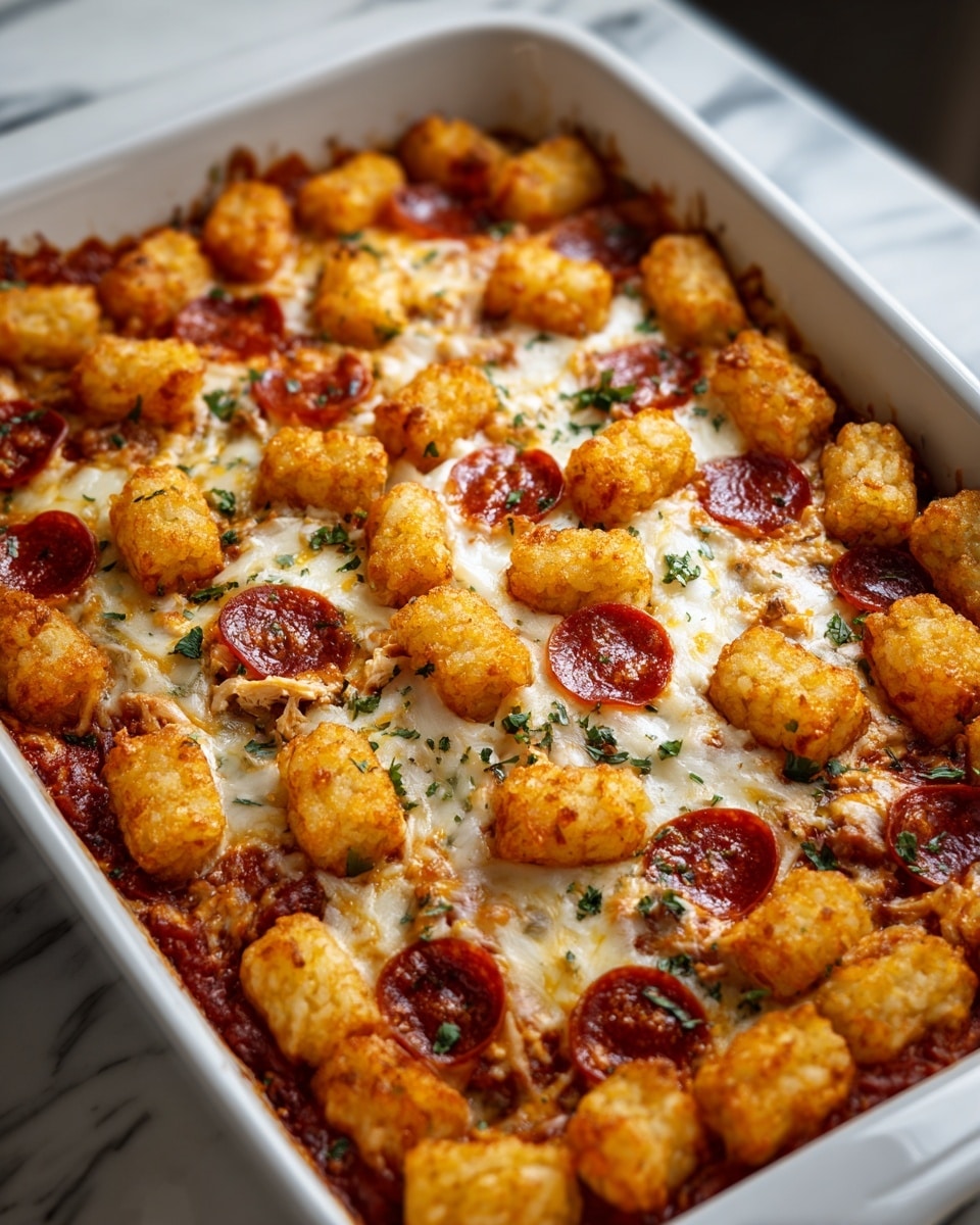 A white rectangular baking dish is filled with a layered tater tot casserole. The bottom layer is made of a rich red tomato sauce, evenly spread across the dish. On top of the sauce, there is a generous layer of melted cheese with stretchy, white and yellow textures mixed together. Slices of dark red pepperoni are scattered evenly over the cheese layer. Around the edges of the dish, golden-brown crispy tater tots are arranged in a single row, framing the casserole. The dish is sprinkled with small bits of green herbs across the top. It is placed on a surface with a white marbled texture. photo taken with an iphone --ar 4:5 --v 7