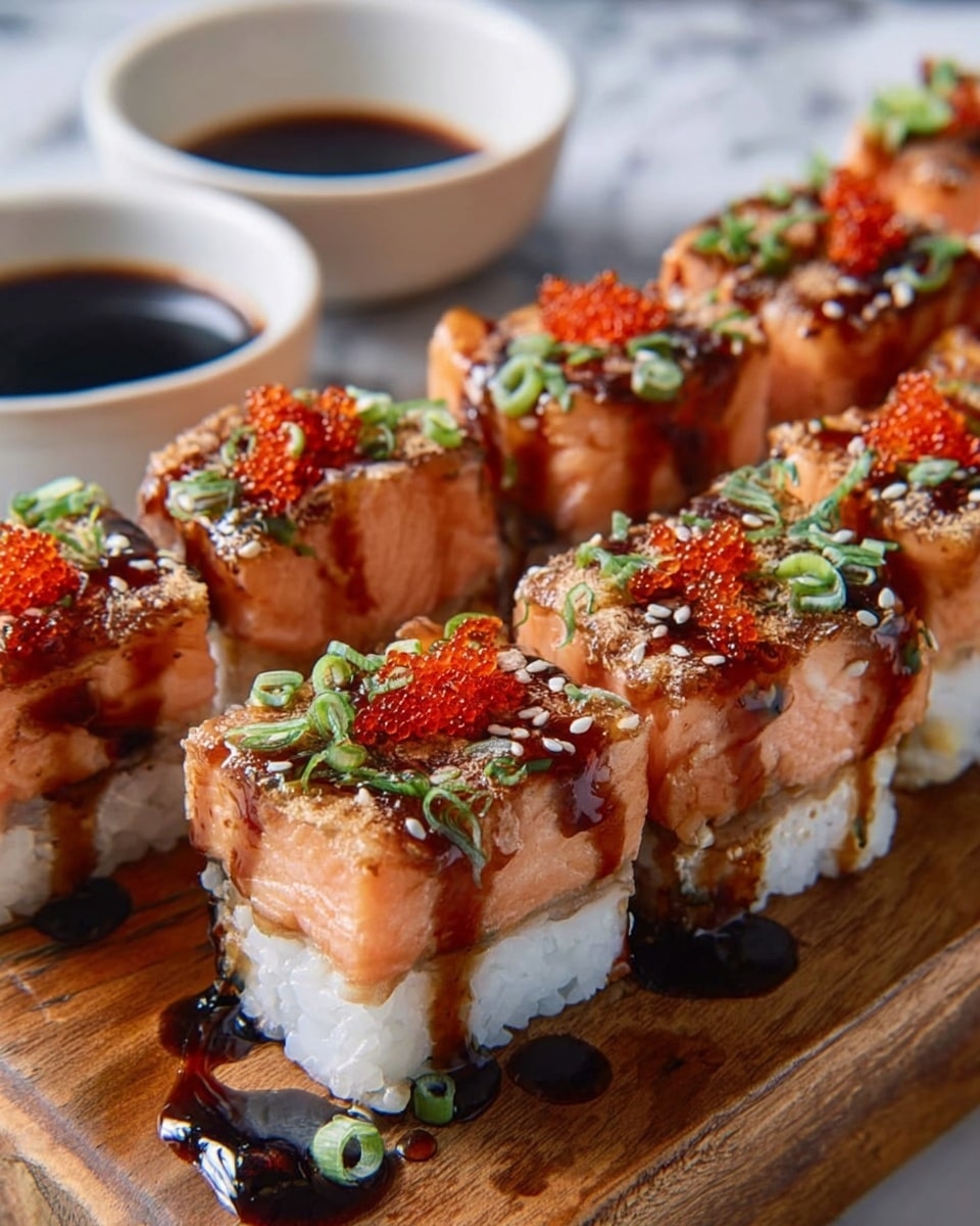 The image shows several sushi pieces arranged closely on a wooden board, each piece having two main layers: a white rice base with a compact texture, topped with a thick slice of pink-orange salmon. The salmon is glazed with a shiny, dark brown sauce that drips slightly down the sides. On top of the salmon, bright orange fish roe and small green chopped herbs are scattered, adding vibrant color contrast. The sushi surface is sprinkled with some sesame seeds, enhancing texture. In the background, two white bowls with black soy sauce are partially visible, all placed on a white marbled surface. Photo taken with an iphone --ar 4:5 --v 7