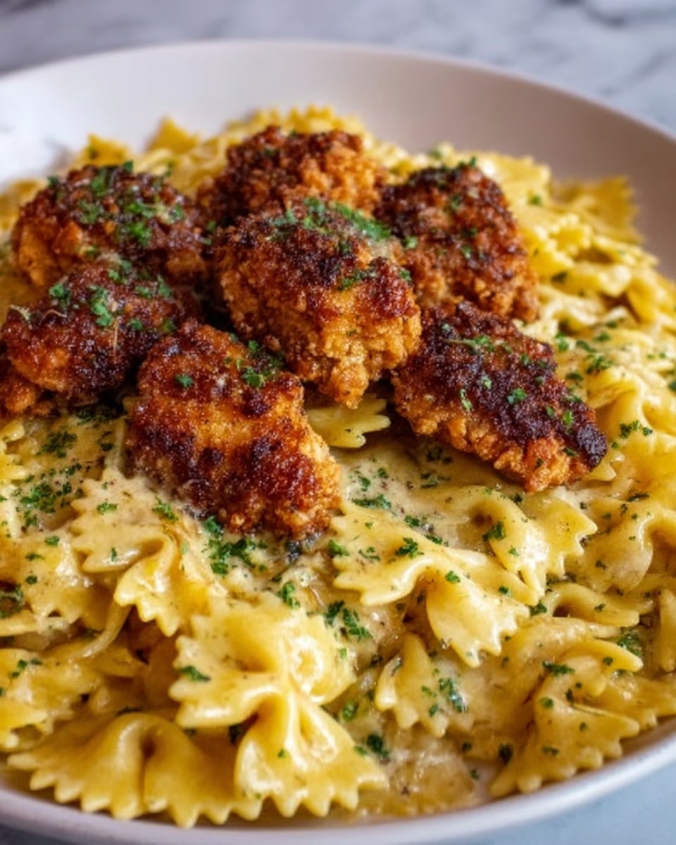 The image shows a white plate filled with a bed of bow-tie pasta coated in a creamy light yellow sauce. On top, there are several pieces of crispy, browned chicken arranged in a loose pile, each piece showing a crunchy texture with a few green herb sprinkles. The pasta underneath looks soft and slightly glossy, with some bits of green herbs scattered throughout. The background is a white marbled texture. Photo taken with an iphone --ar 4:5 --v 7