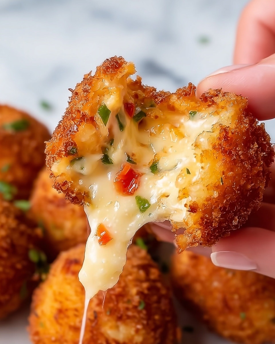 A close-up of a golden brown fried ball being held by a woman's hand, showing its inside filled with creamy white cheese mixed with small bits of red and green vegetables; the outside is crispy and crunchy with a rough breadcrumb texture, and in the blurred background, more of the same fried balls rest on a white marbled surface. photo taken with an iphone --ar 4:5 --v 7