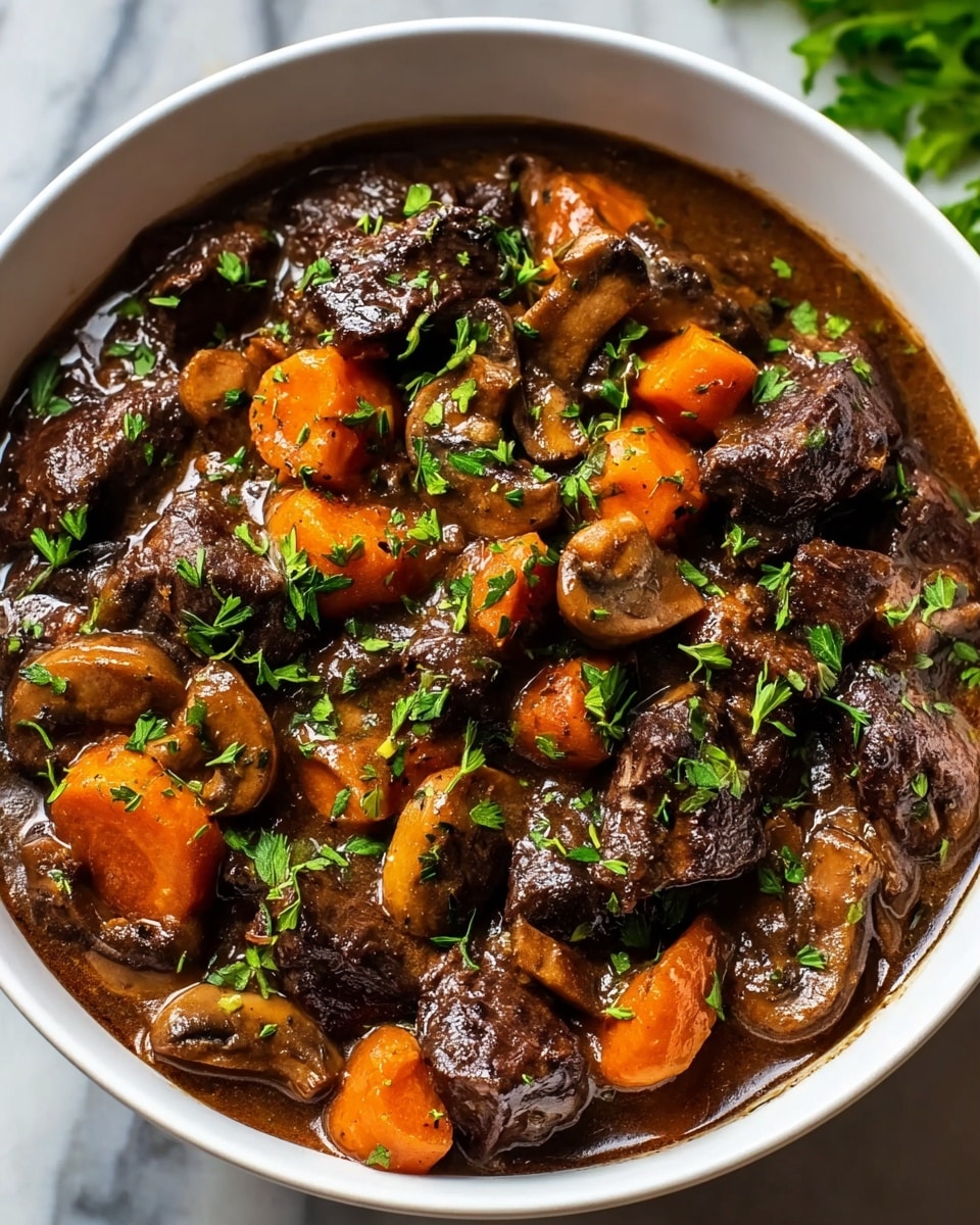 A close-up view of a white bowl filled with rich beef stew, showing about three visible layers: the top layer is a glossy dark brown broth that coats chunks of tender beef and mushrooms, mid-layer contains bright orange carrot pieces, and scattered fresh green parsley leaves are sprinkled evenly across the surface for a vibrant contrast. The texture of the beef looks soft and moist, and the mushrooms appear juicy. The bowl is placed on a white marbled surface. photo taken with an iphone --ar 4:5 --v 7