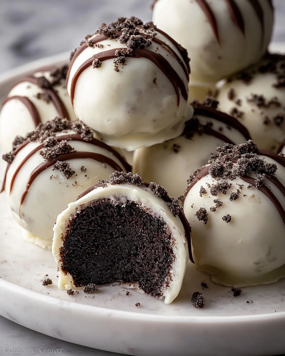 A close-up of several round truffles on a white plate with a white marbled texture underneath. Each truffle has three layers: the inside is dark, moist chocolate cake, coated evenly with a smooth white chocolate layer, and topped with small, crumbly chocolate bits. Some truffles have a thin, dark chocolate drizzle curved on top, adding extra detail. One truffle is shown with a bite taken out, revealing the dark chocolate inside. The lighting highlights the soft texture of the cake and the glossy finish of the white chocolate coating. Photo taken with an iphone --ar 4:5 --v 7