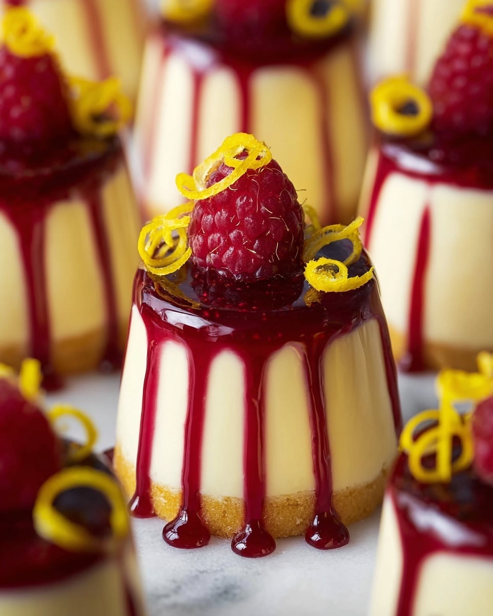 The image shows a group of small, creamy white panna cotta desserts with smooth, shiny textures and a slight jiggle. Each dessert has a deep red berry sauce dripping down the sides, creating thin, uneven streaks. On top of every panna cotta sits a bright red raspberry and thin, curly yellow lemon zest strips arranged around the fruit. The desserts are placed on a reflective gold surface, with a blurred white marbled texture in the background. The panna cottas have a clean, cylindrical shape with subtle rounded tops. photo taken with an iphone --ar 4:5 --v 7