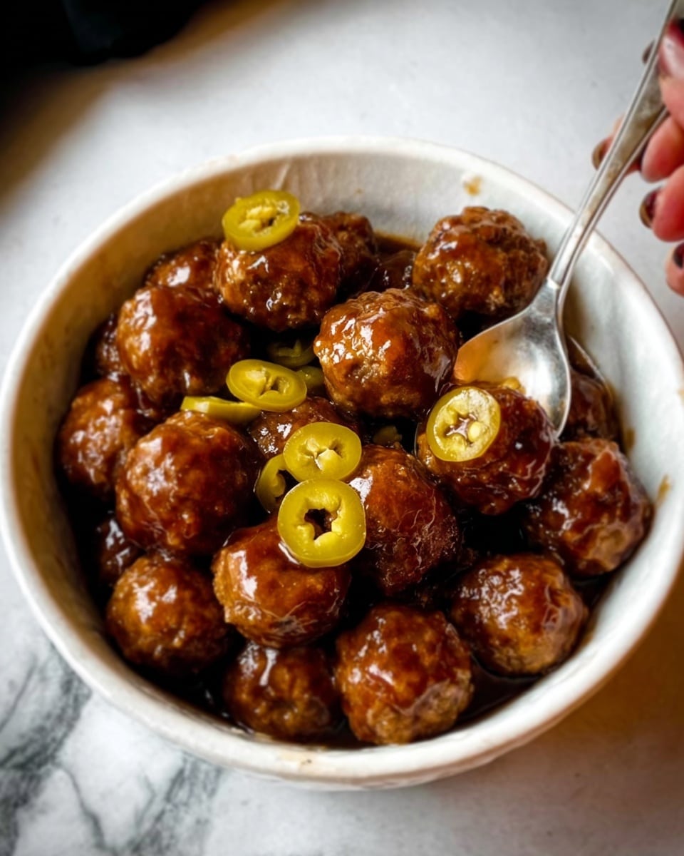 The image shows a close-up of shiny, brown meatballs in thick sauce inside a white bowl. There are about ten meatballs, evenly round and covered with a rich, dark brown glaze. On top of the meatballs are a few small green slices of jalapeño peppers, adding a pop of color and freshness. A silver spoon is inside the bowl, partly showing. The bowl sits on a white marbled surface that is smooth and bright. Photo taken with an iphone --ar 4:5 --v 7