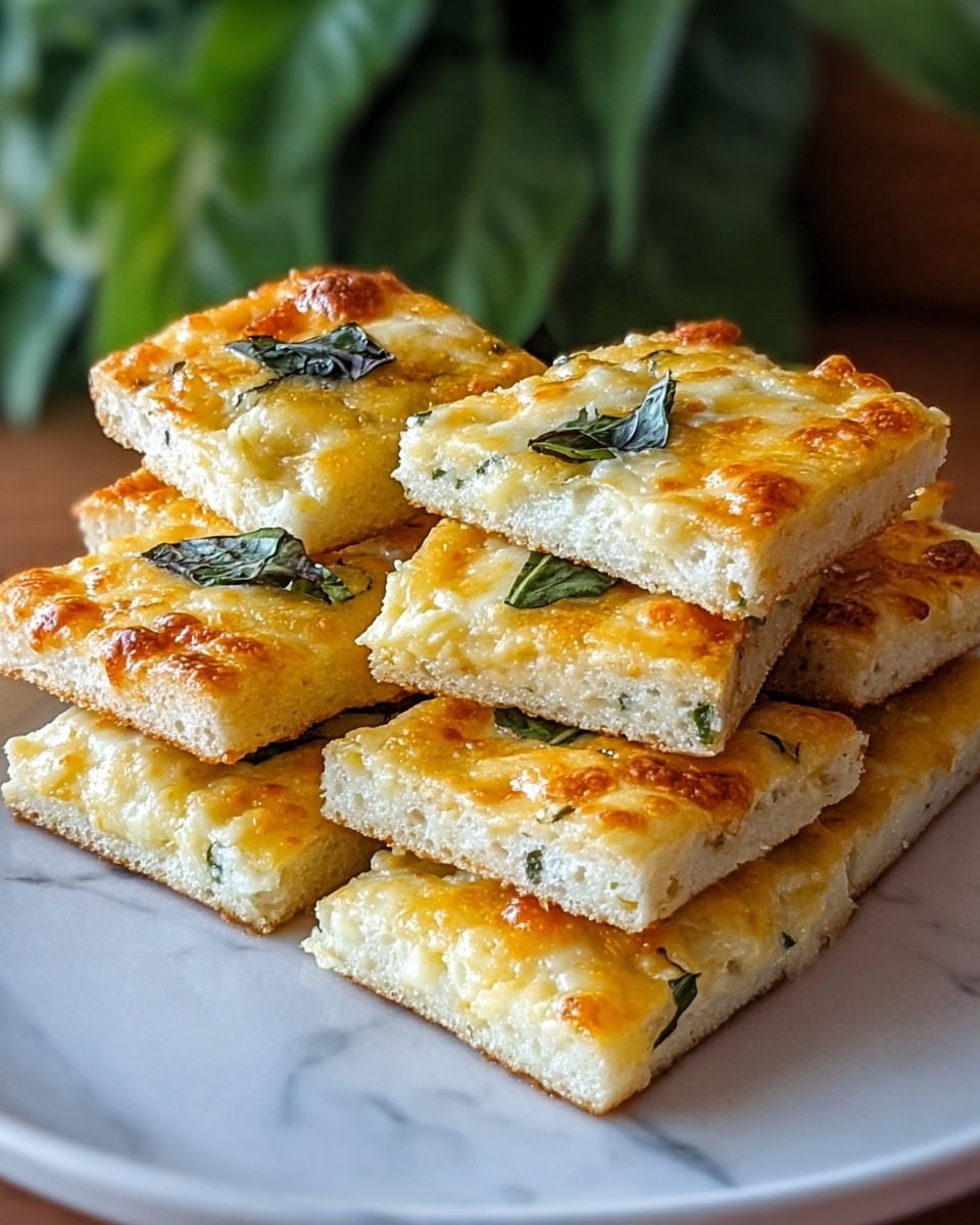 A stack of seven pieces of square focaccia bread is shown on a white plate, each piece having a golden-brown crust base layer with a rough, slightly crumbly texture, topped by a thick, soft layer of melted yellow cheese with small white patches, and a dark green basil leaf placed on top of each piece. The cheese layer has a slightly glossy, melted look with a few browned spots, and the bread squares are stacked unevenly, giving the image depth. The background features blurred green leaves with a white marbled textured surface visible under the plate. photo taken with an iphone --ar 4:5 --v 7