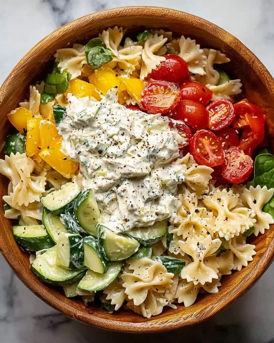 A round wooden bowl filled with a creamy pasta salad made of bowtie pasta. The pasta is mixed with bright red halved cherry tomatoes, thin semi-circles of green cucumber, and small pieces of yellow bell pepper. There are bits of green herbs scattered throughout the salad and the pasta is covered with a creamy white sauce sprinkled with black pepper. The bowl sits on a white marbled surface. photo taken with an iphone --ar 4:5 --v 7