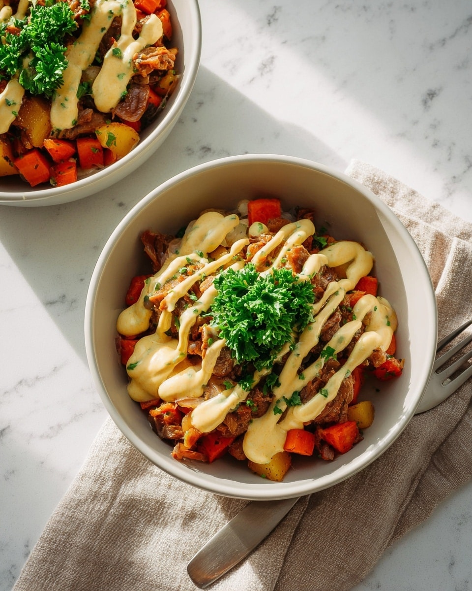 Two white bowls contain a layered dish placed on a white marbled surface with sunlight casting soft shadows. Each bowl has a bottom layer of cooked vegetables with colors of orange, light brown, and some red pieces. On top of the vegetables, there is a thick layer of brown cooked meat with a slightly crumbly texture. Creamy yellow sauce is drizzled in thick zigzags covering the meat layer. The dish is finished with a garnish of fresh green parsley leaves placed on the center. A fork rests on a folded beige napkin beside the bowl in the foreground. Photo taken with an iphone --ar 4:5 --v 7